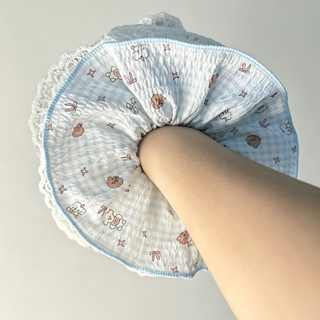 Gifty - Lace Trim Plaid Puppy Print Scrunchie