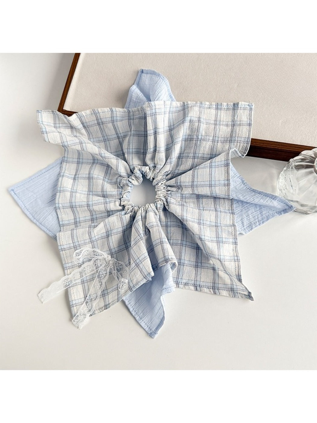 Plaid lace bow bandana scrunchie with detailed lace trim and bow