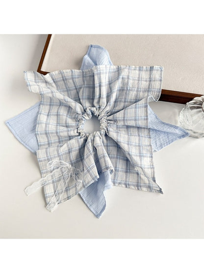 Plaid lace bow bandana scrunchie with detailed lace trim and bow