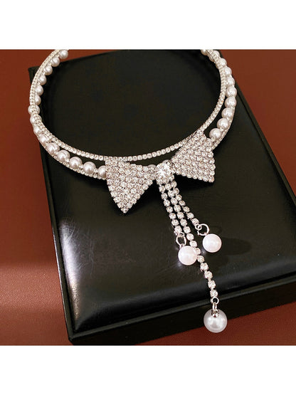 Nozari - Layered Bow Tassel Rhinestone Necklace