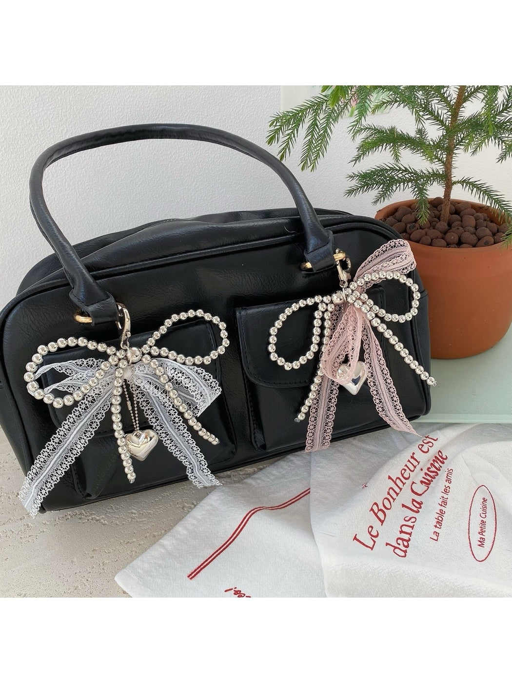 Keypus - Lace Bow Heart Pendant Bag Charm Keychain