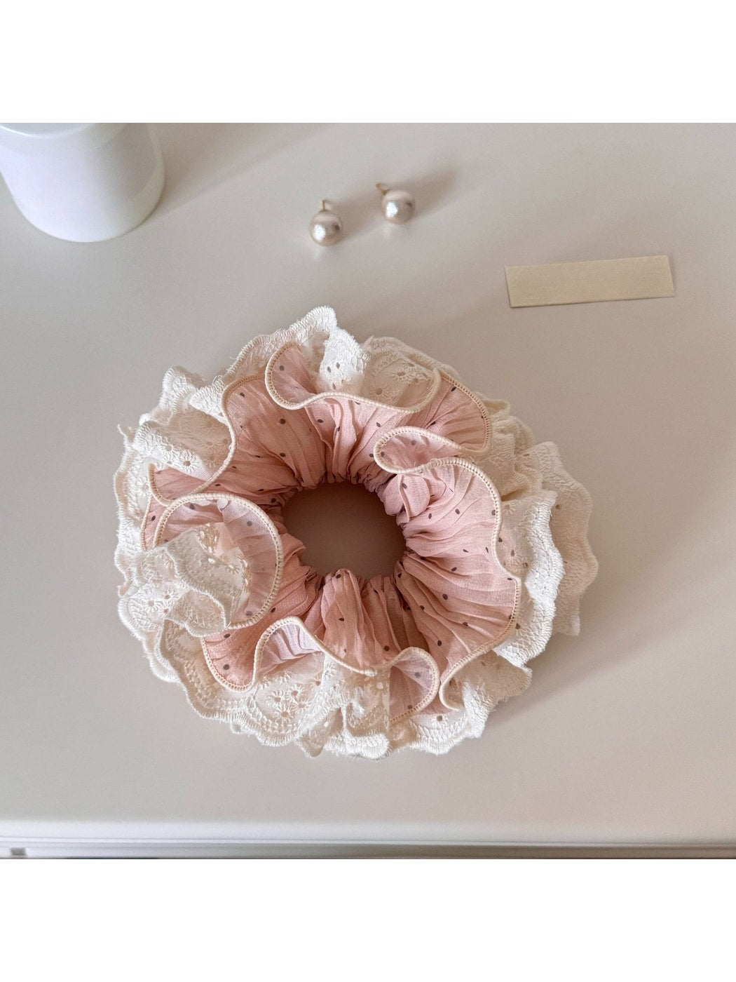 Gifty - Polka Dot Lace Ruffle Trim Polyester Scrunchie