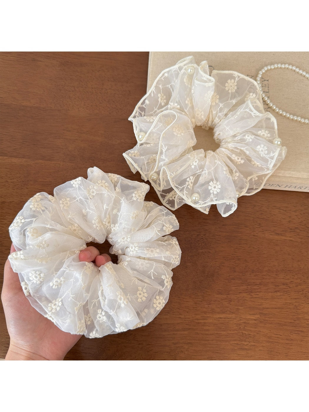 Gifty - Ruffled Lace Embroidery Ponytail Hair Scrunchie