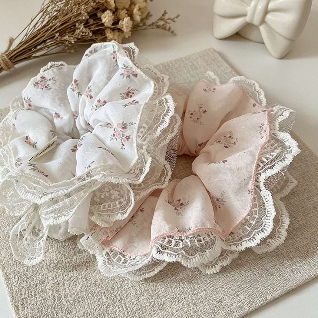 Gifty - Ruffled Floral Lace Edge Fabric Scrunchie