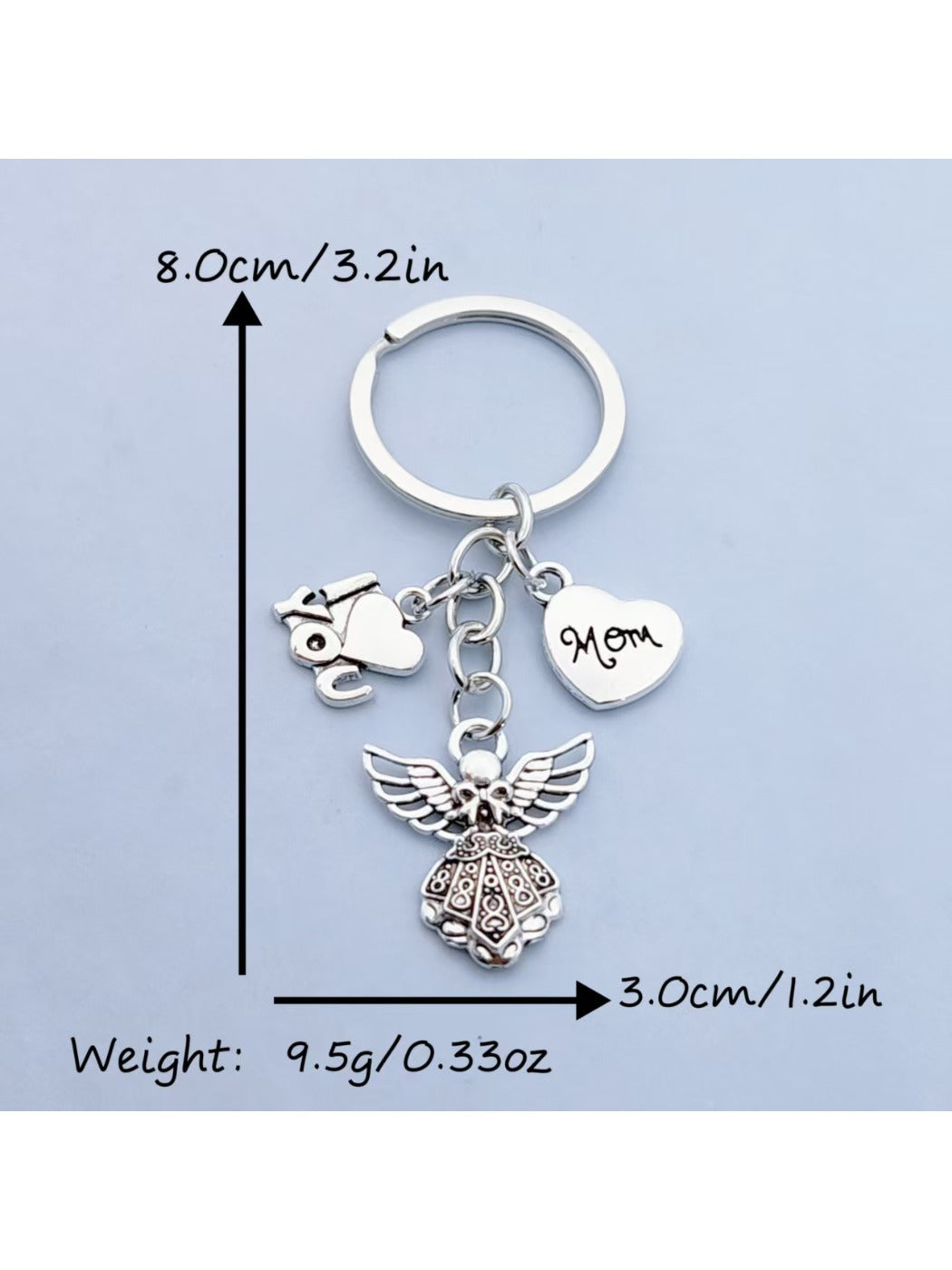 Alloy angel keychain displayed on a white background highlighting its shape