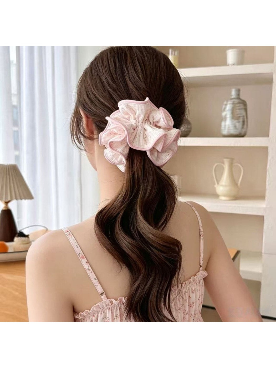 Gifty - Floral Ruffle Trim Polyester Ponytail Scrunchie