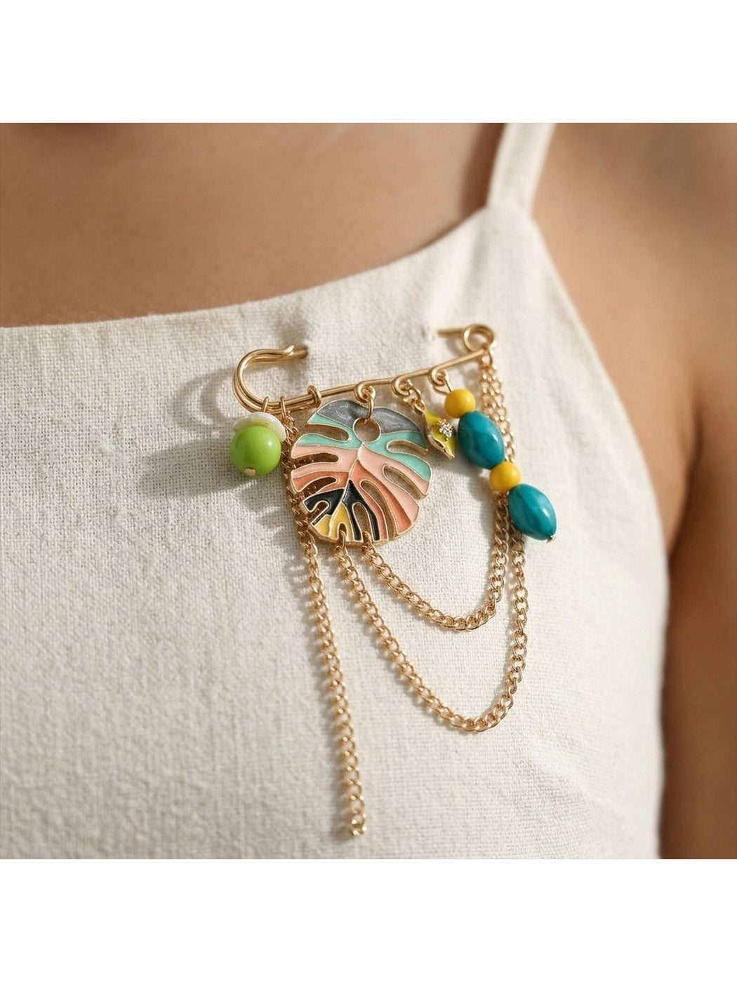 Brovia - Leaf Enamel Chain Statement Brooch