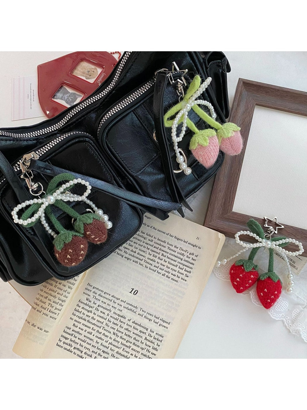 Keypus - Strawberry Bow Flower Bag Charm Keychain