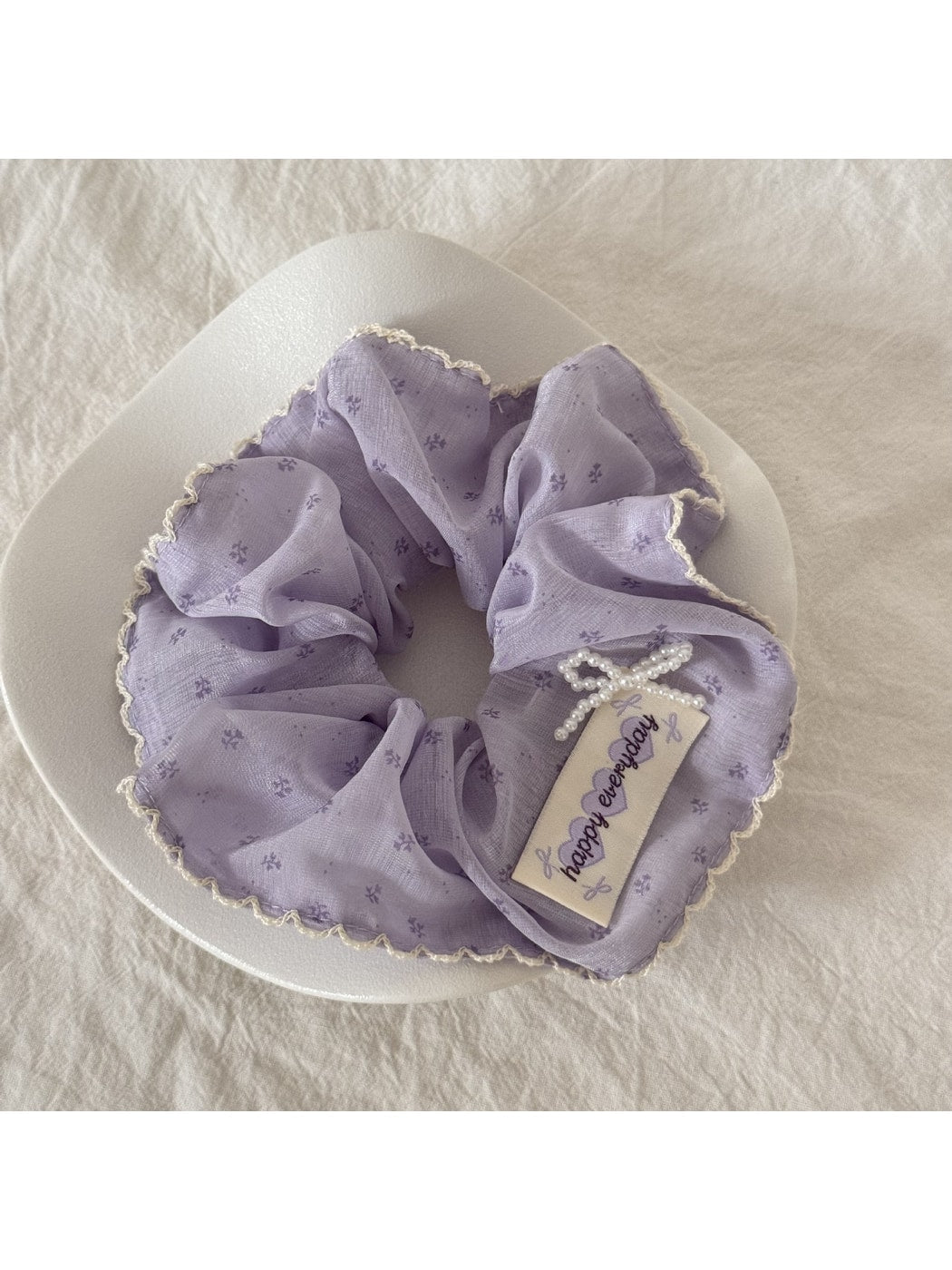 Gifty - Purple Floral Ruffle Trim Fabric Scrunchie