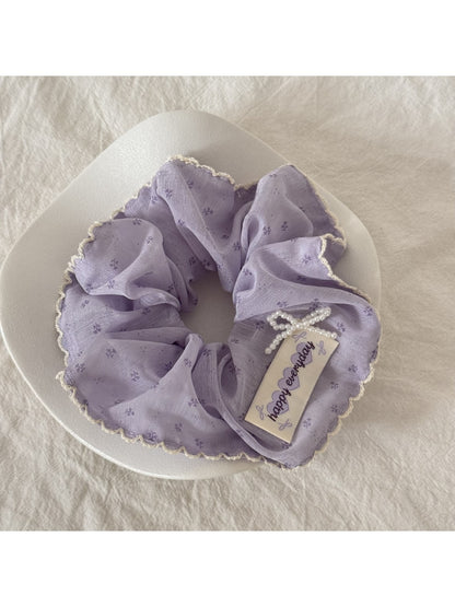 Gifty - Purple Floral Ruffle Trim Fabric Scrunchie