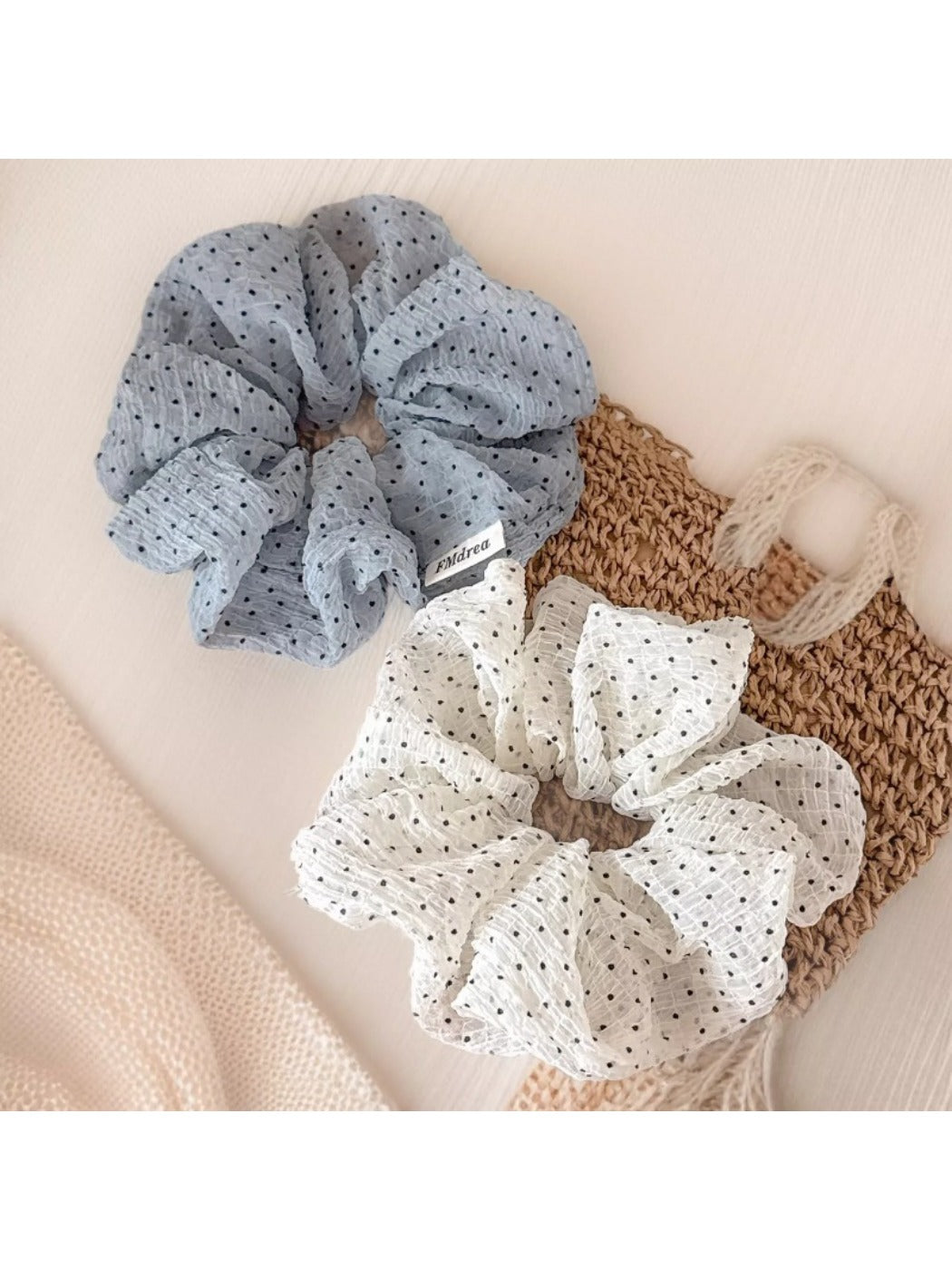 Gifty sweet cute tulle scrunchie with white polka dots on pink fabric