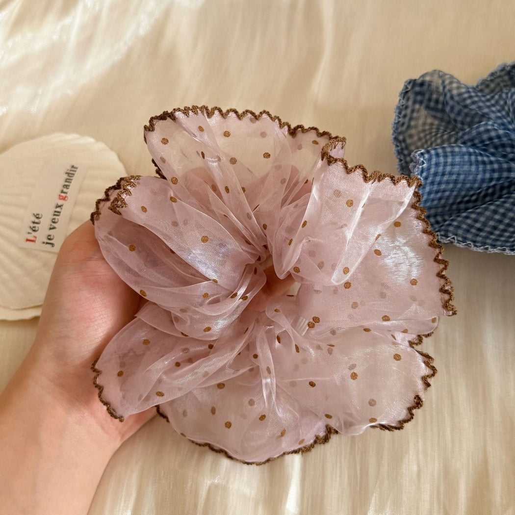 Gifty - Plaid Mesh Ruffle Edge Polyester Scrunchie