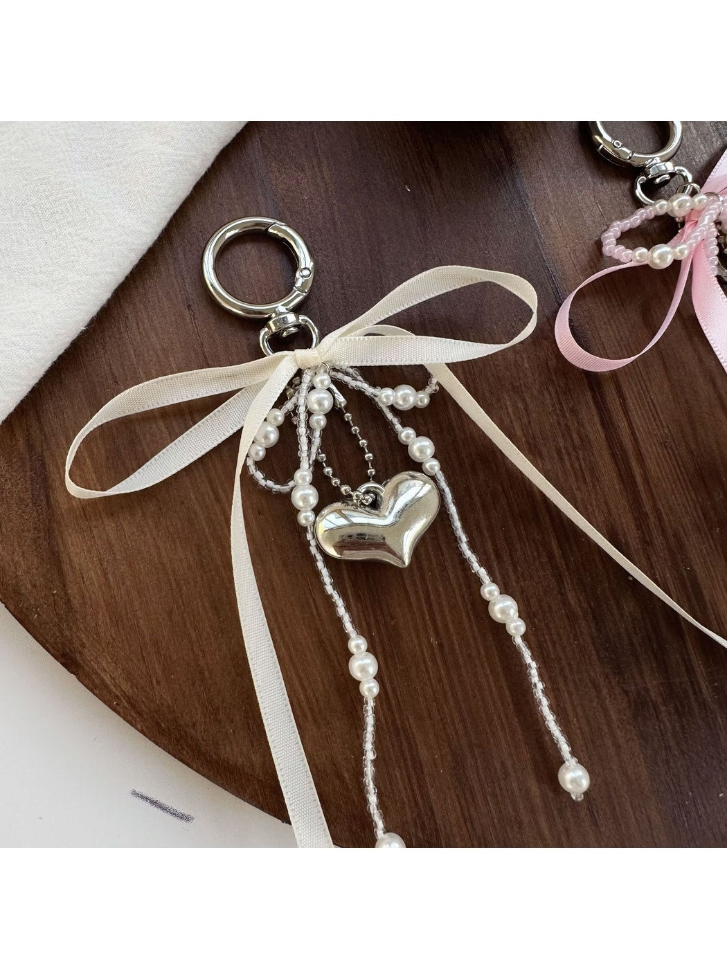 Keypus - Beaded Ribbon Bow Heart Bag Charm Keychain