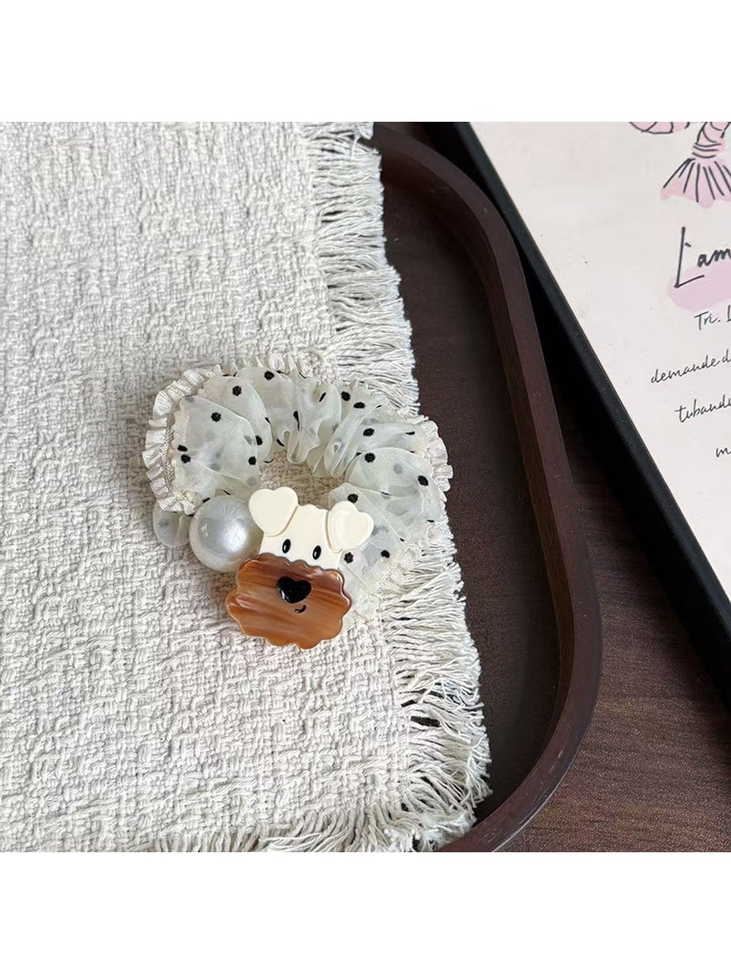 Gifty - Cartoon Dog Polka Dot Ruffle Trim Scrunchie