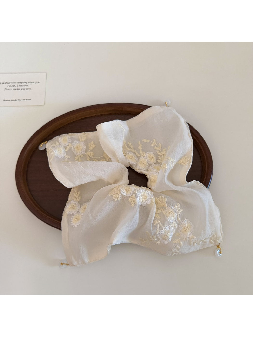 Gifty - Beige Floral Embroidered Sheer Scrunchie