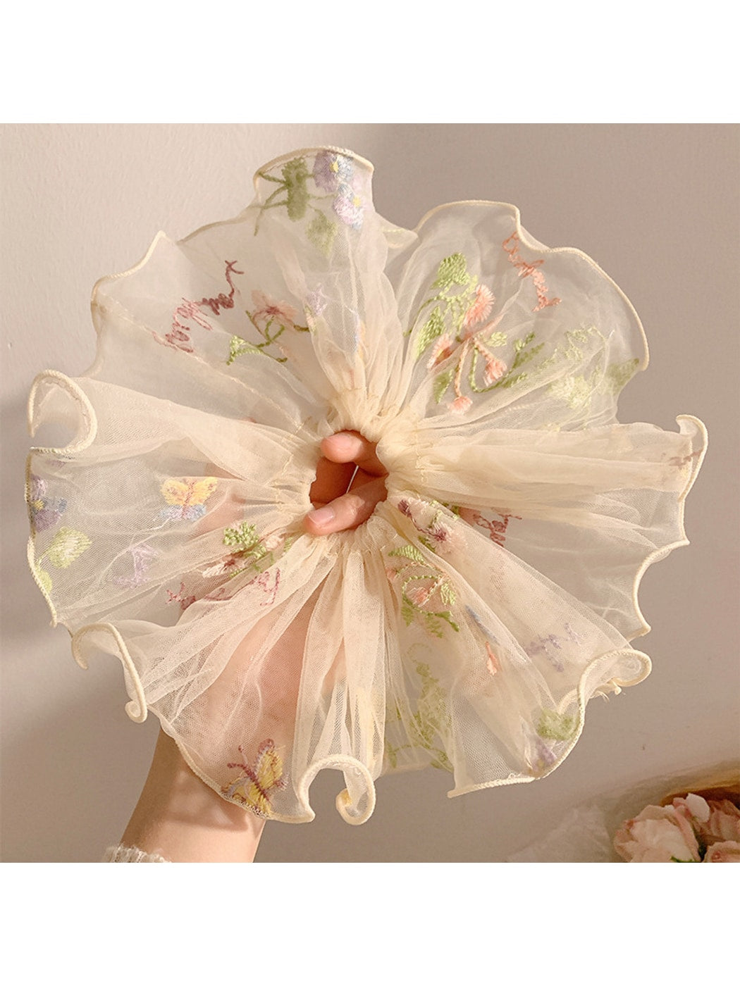 Gifty - Embroidered Sheer Ruffled Polyester Scrunchie