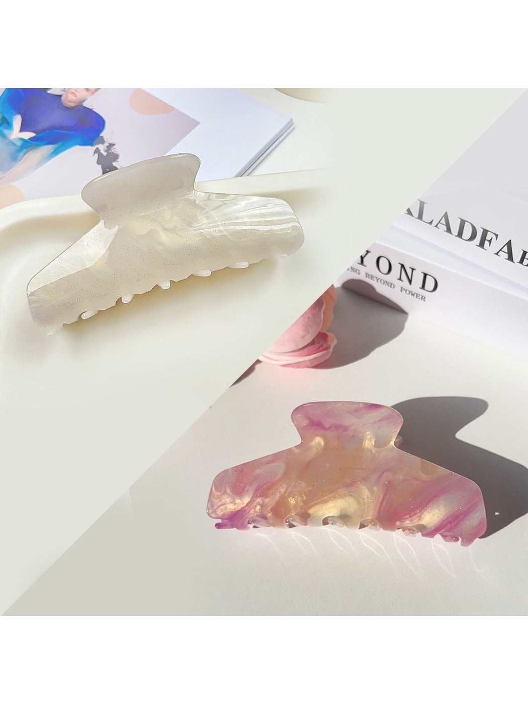 Beau gradient half moon hair claw clip with metal spring mechanism visible