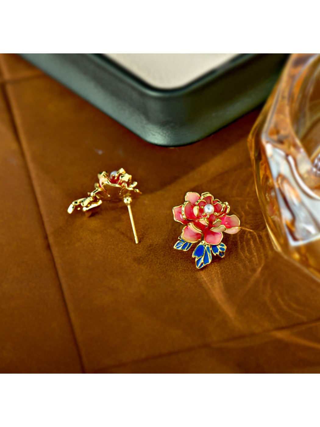 Earedge - Red Peony Floral Stud Earrings