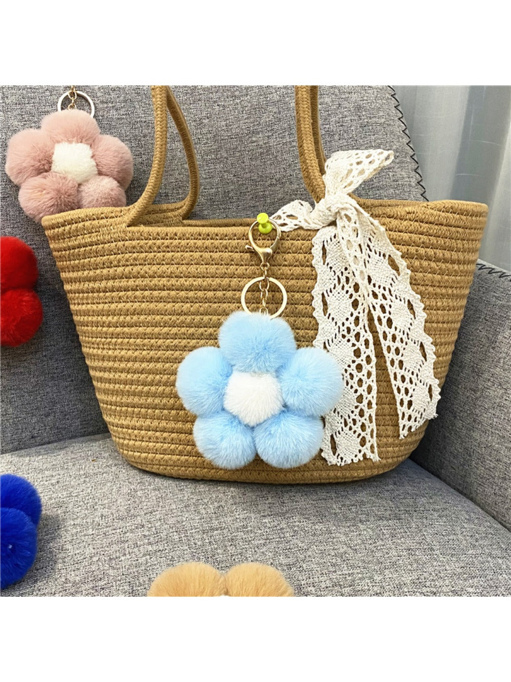 Keypus - Flower Pompom Bag Charm Keychain