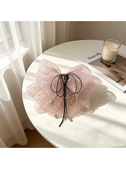 Beau - Glitter Mesh Bow Ribbon Tassel Claw Clip