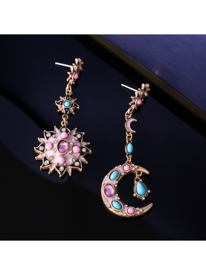 Earedge - Retro Sun and Moon Dangle Stud Earrings