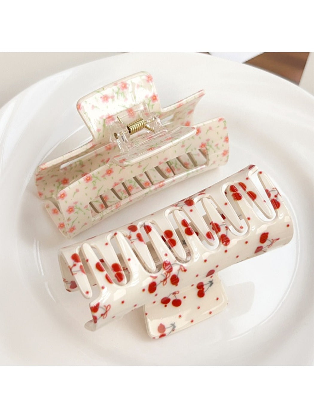 Side view of Beau floral print square hair claw clip highlighting clip mechanism