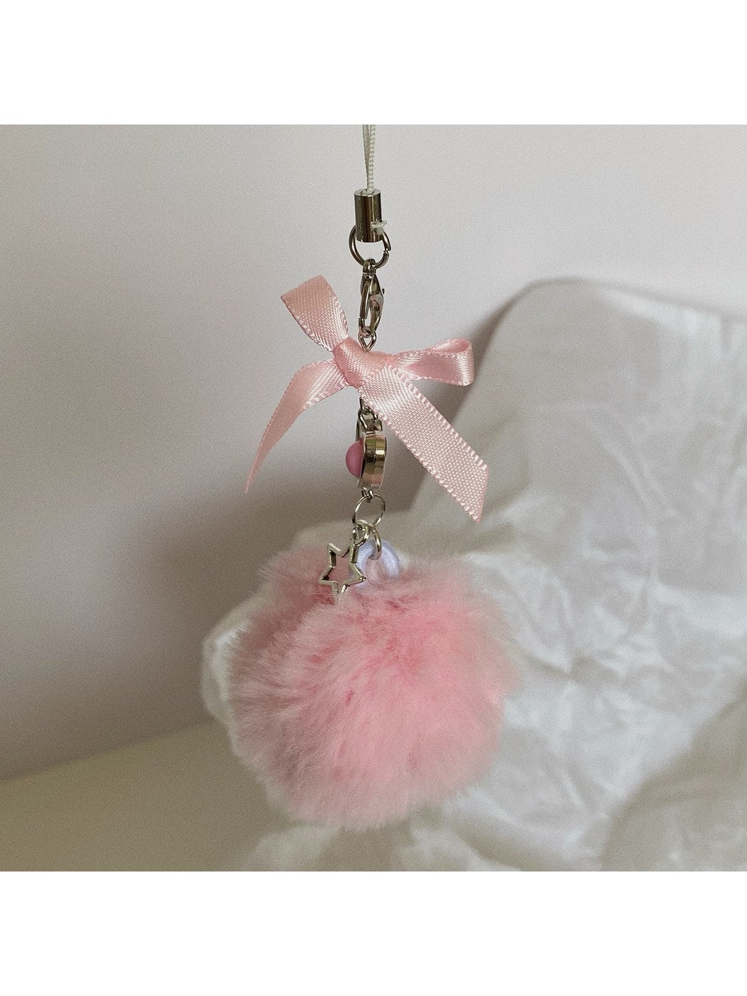 Keypus - Beaded Heart Bow Pom Pom Bag Charm Keychain