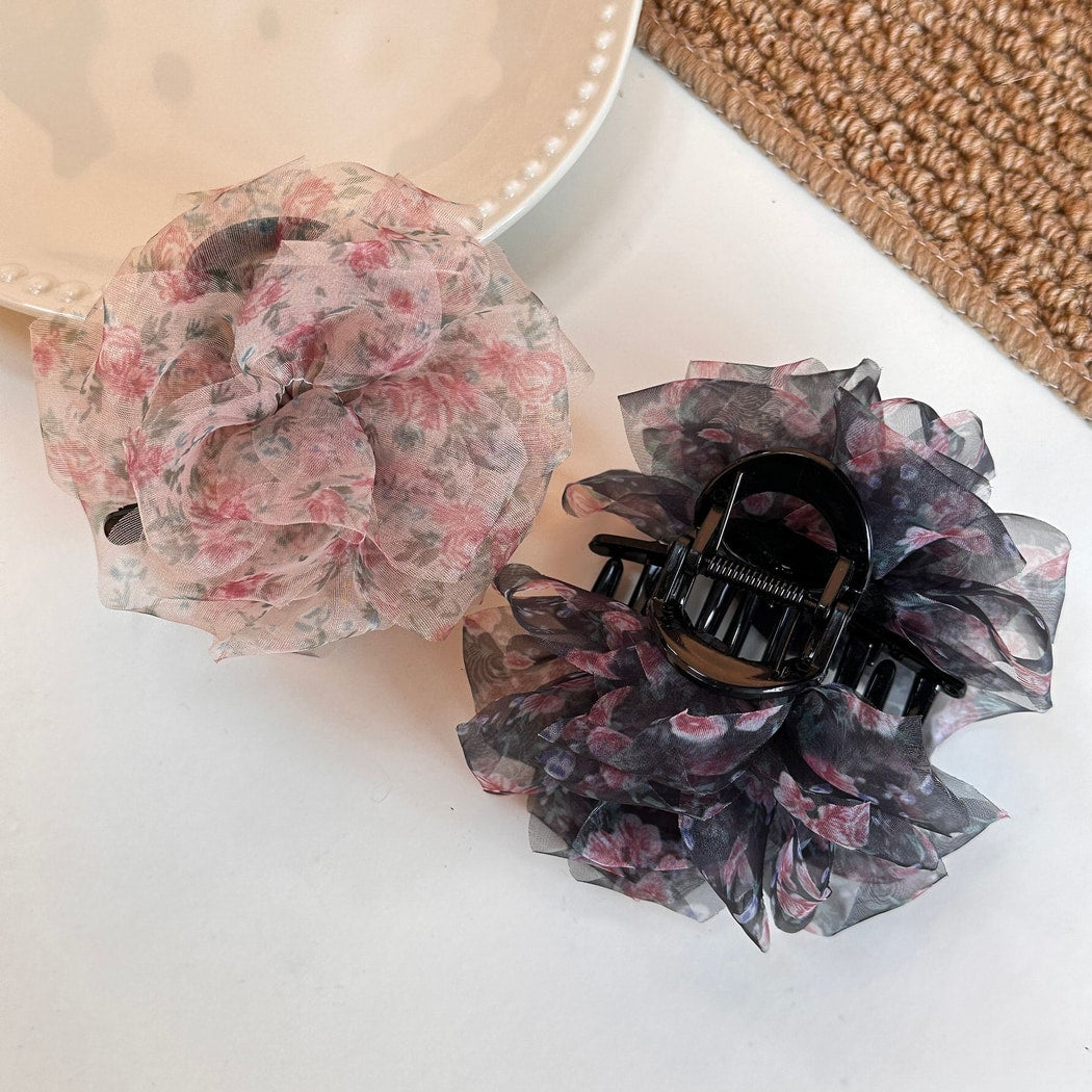 Beau - Sweet Floral Print Ruffle Edge Claw Clip
