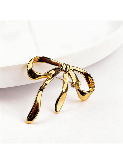 Brovia - Gold Tone Bow Accent Alloy Brooch Pin
