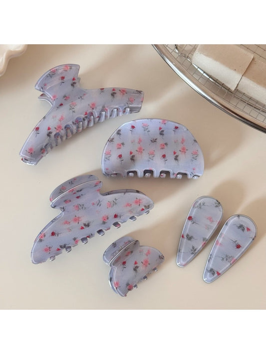 Beau - Blue Rose Print Hair Claw Clip