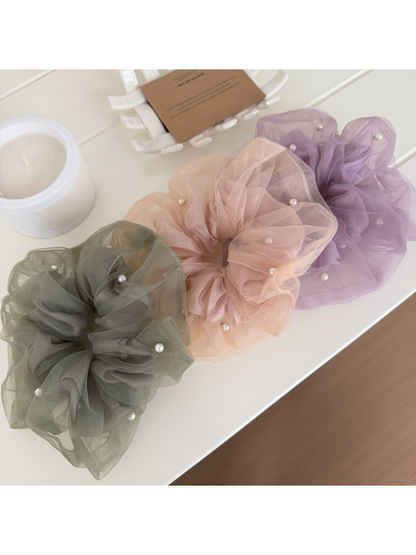 Gifty - Mesh Ruffle Beaded Detail Hair Scrunchie