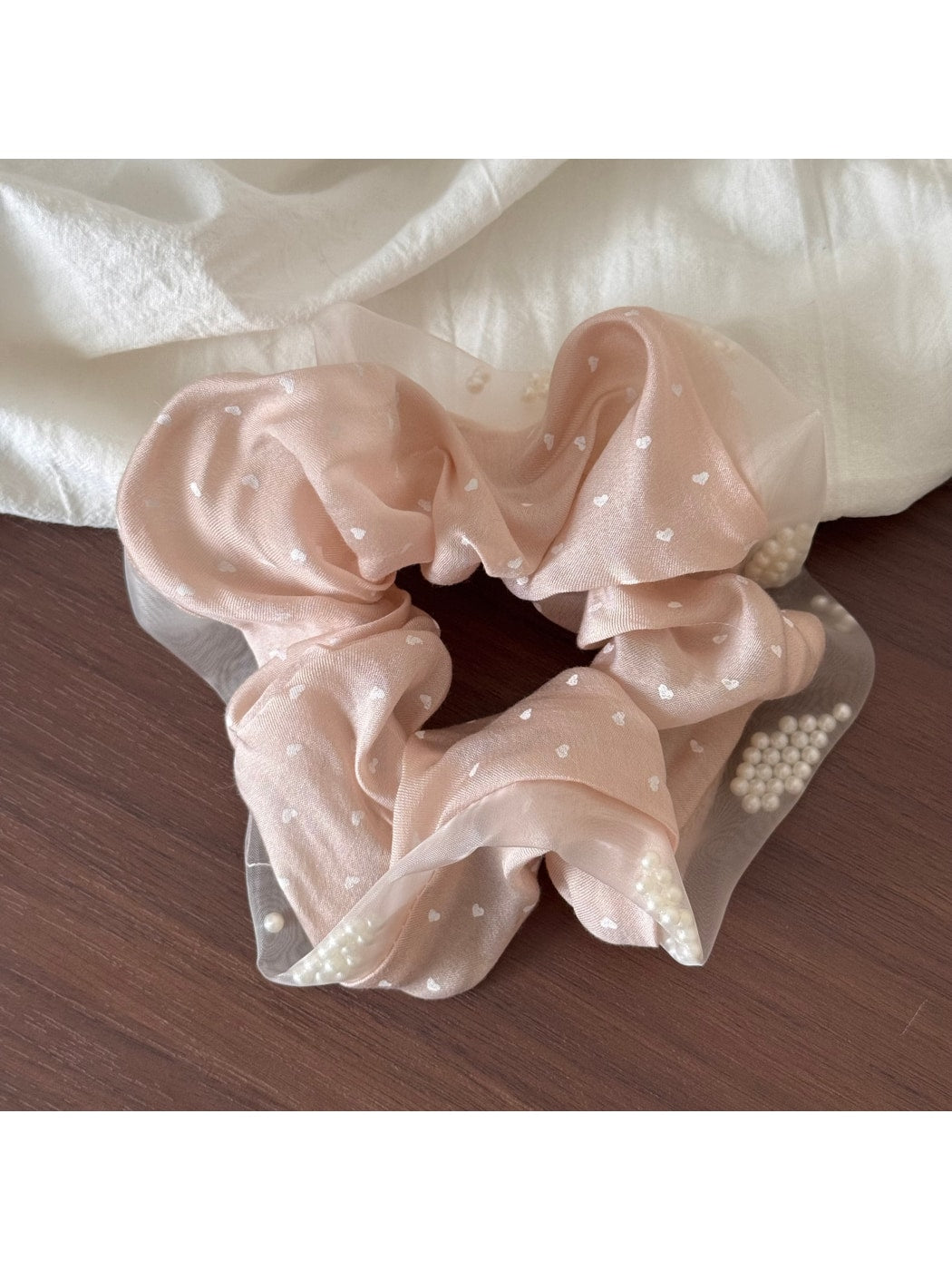Gifty - Heart Polka Dot Sheer Textured Fabric Scrunchie