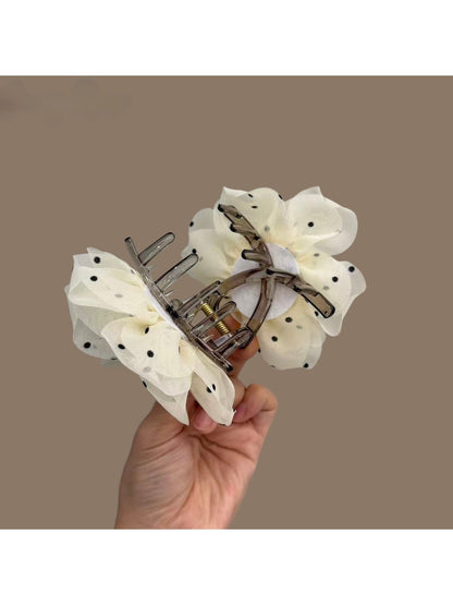 Beau - Polka Dot Flower Mesh Fabric Claw Clip