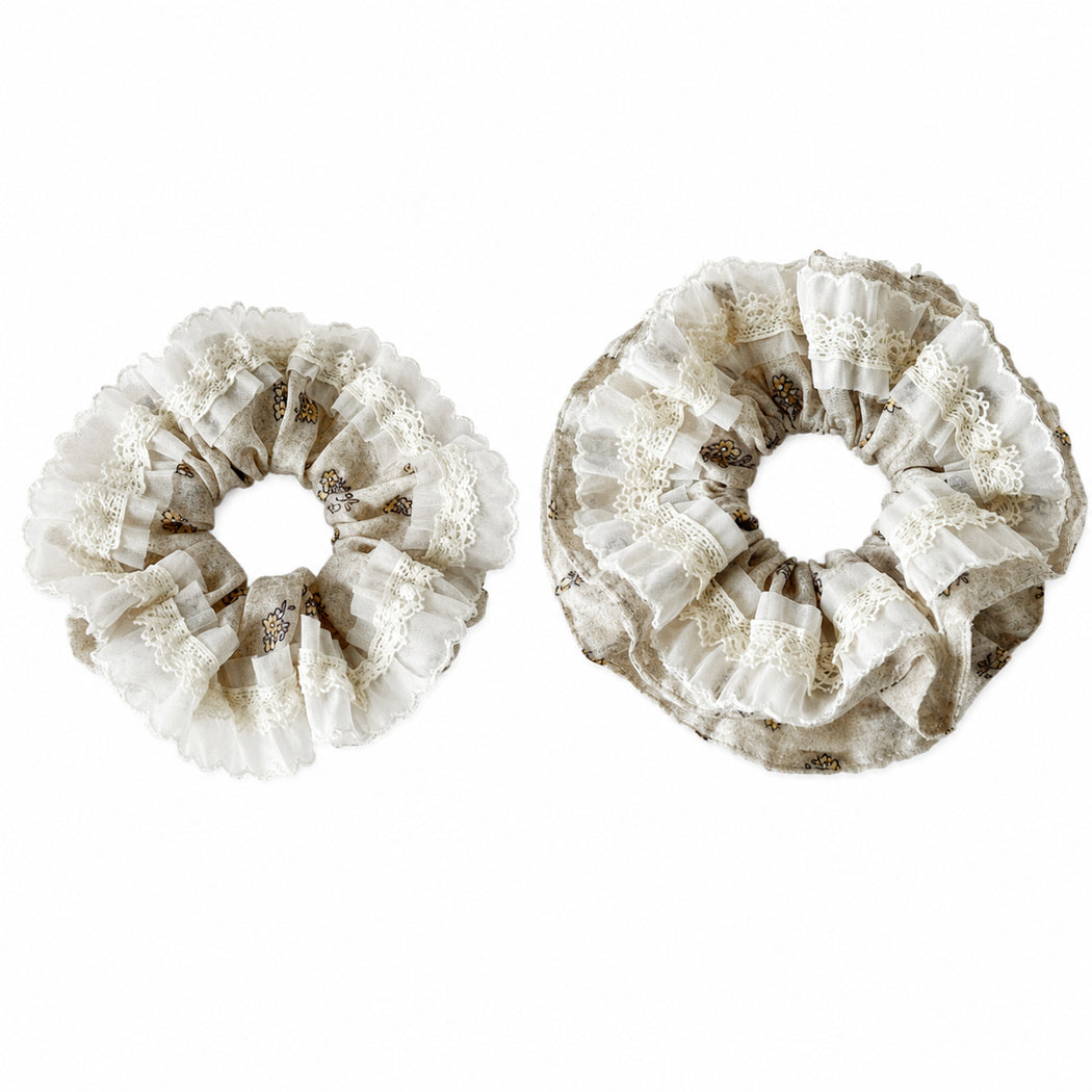 Two lace trim floral scrunchie variants