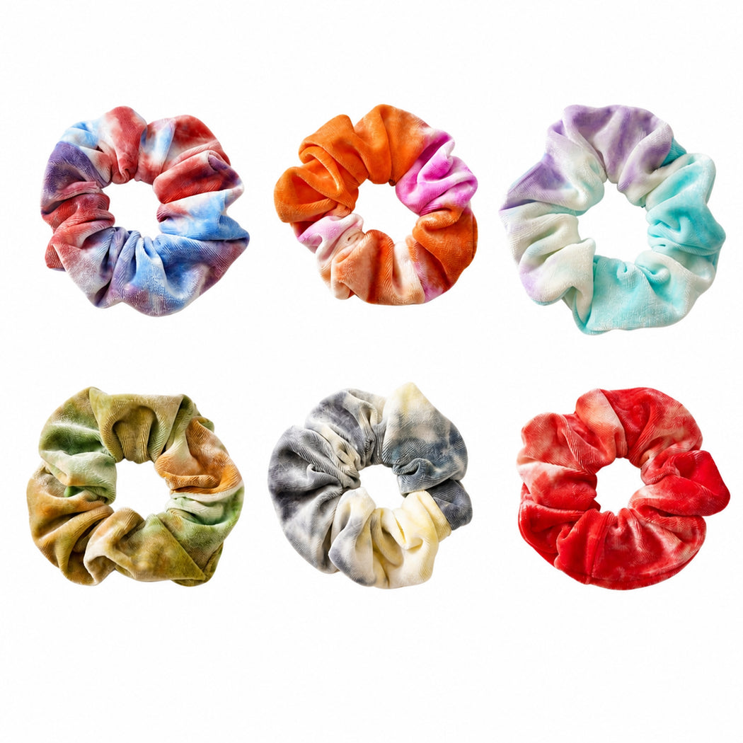 Six tie-dye velvet scrunchie variants