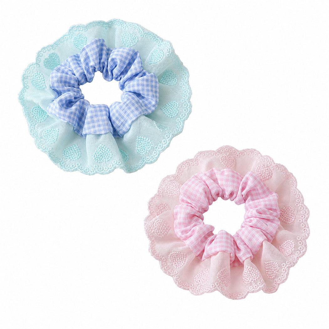 Clean overview of two gingham heart lace scrunchie set variants