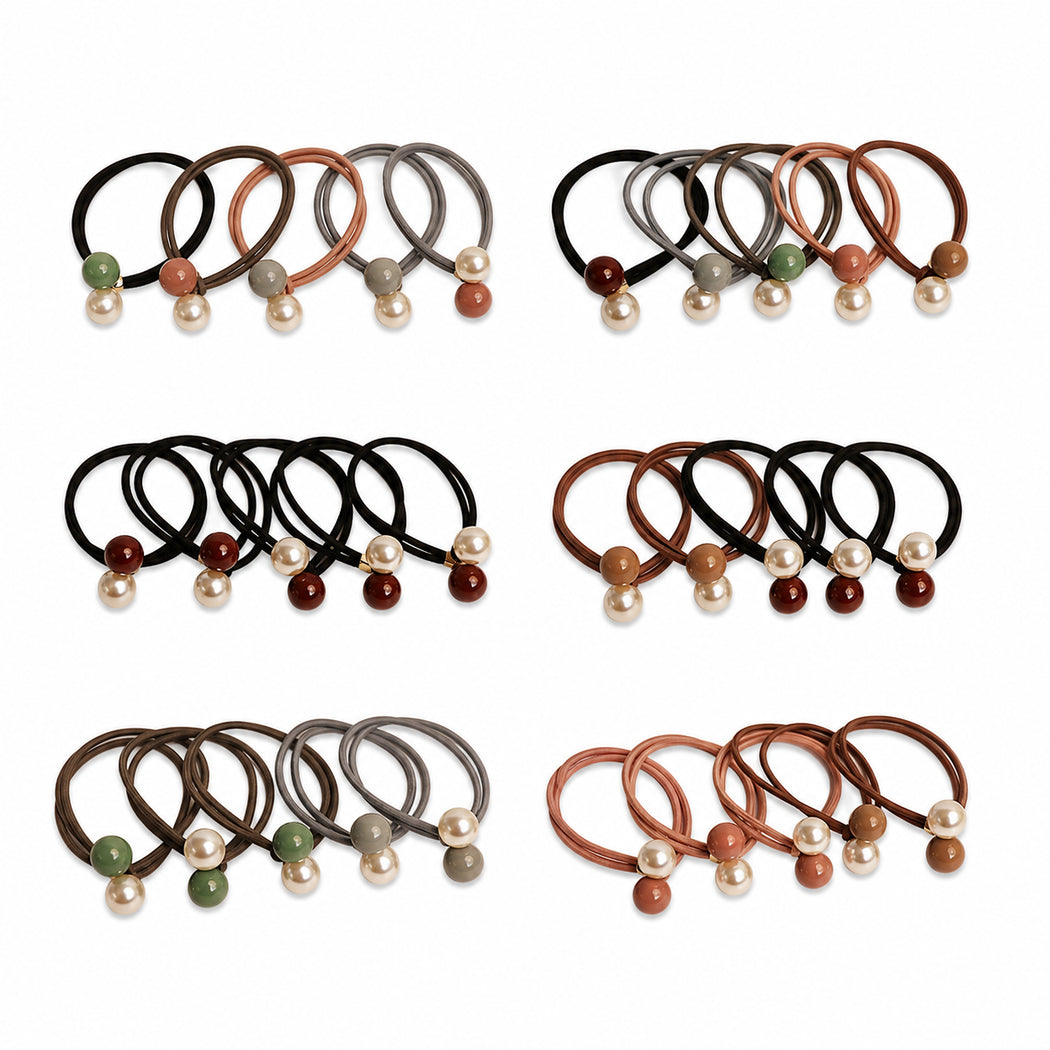 Clean overview of six five-piece elastic hair tie set variants