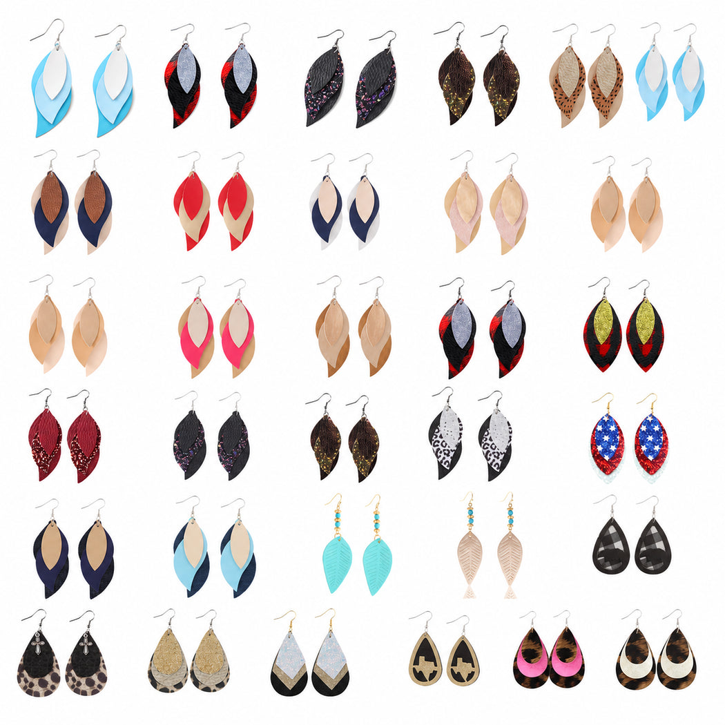 Clean overview of thirty-one leaf and multilayer PU leather earring variants