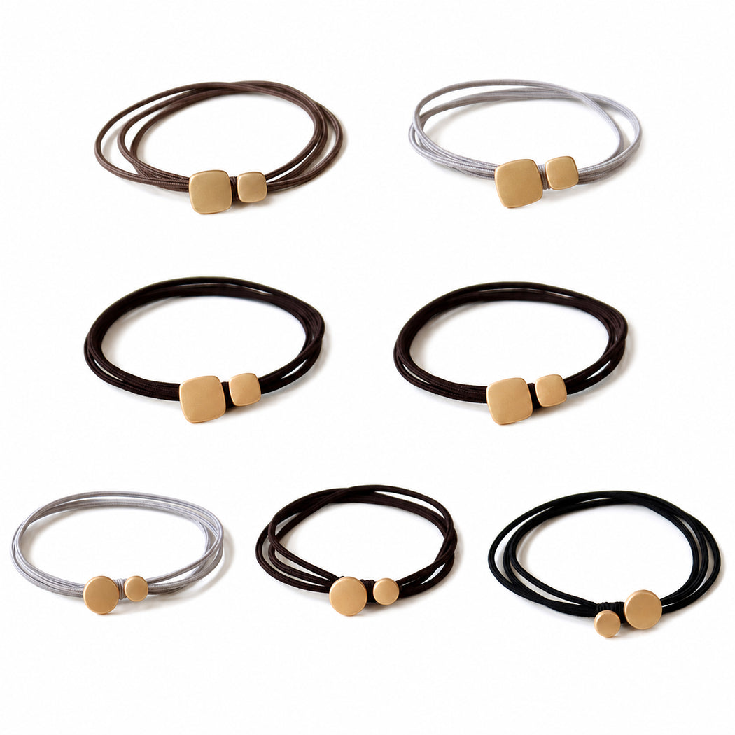 Clean overview of seven geometric bead hair tie variants