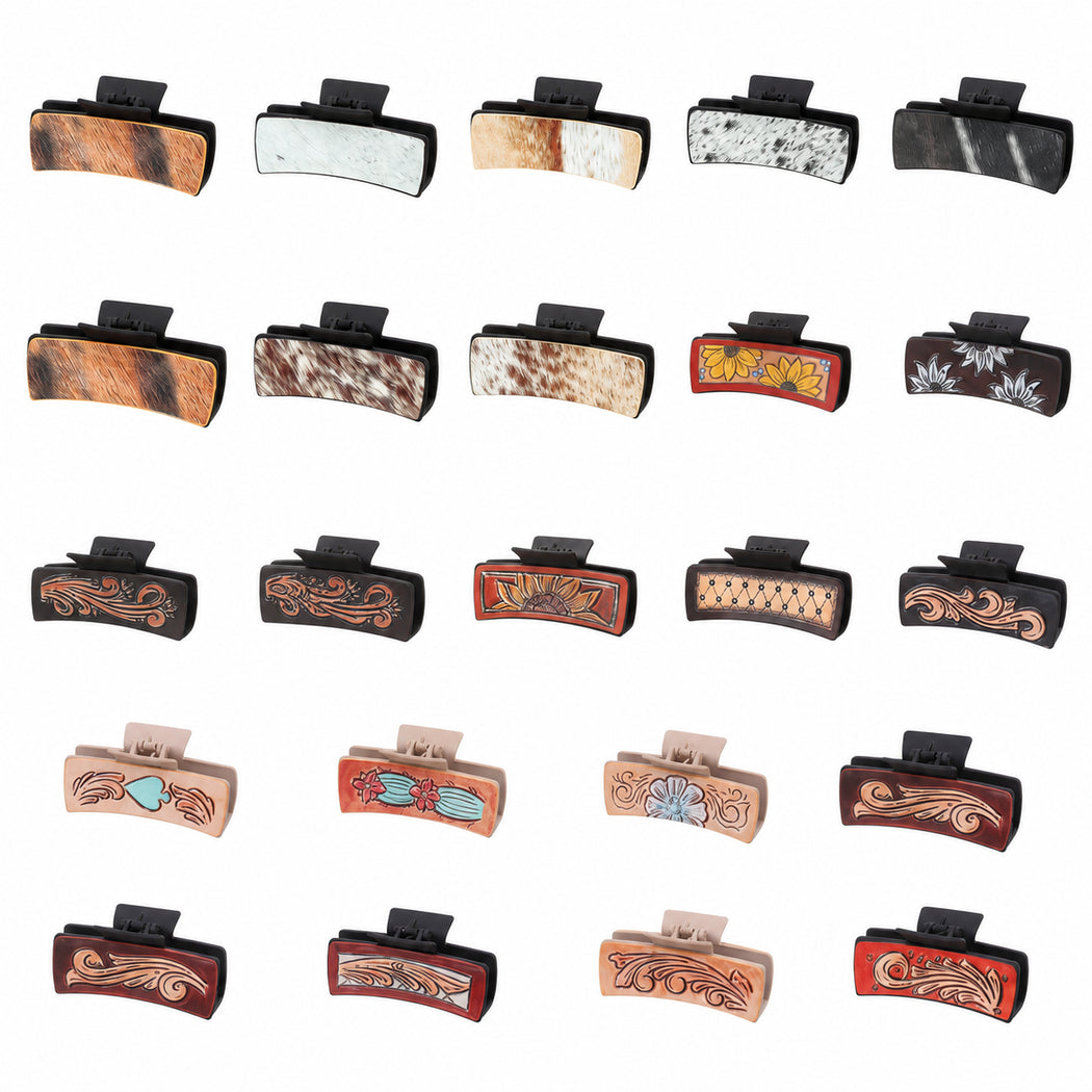 Clean overview of nineteen western leather and hair-on-hide hair claw variants