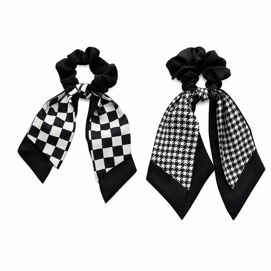 Clean overview of two black and white bow scarf scrunchie variants