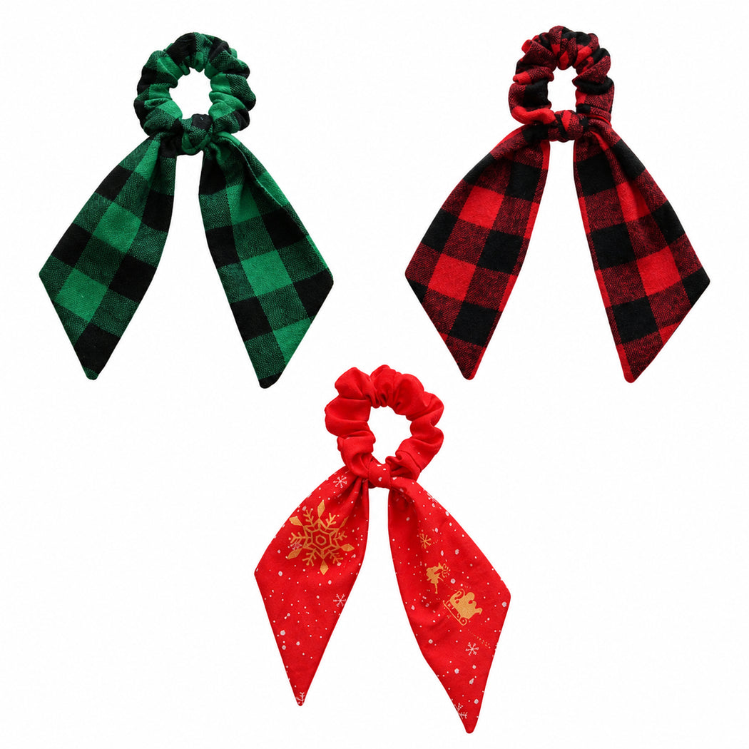 Clean overview of three Christmas plaid scarf scrunchie variants