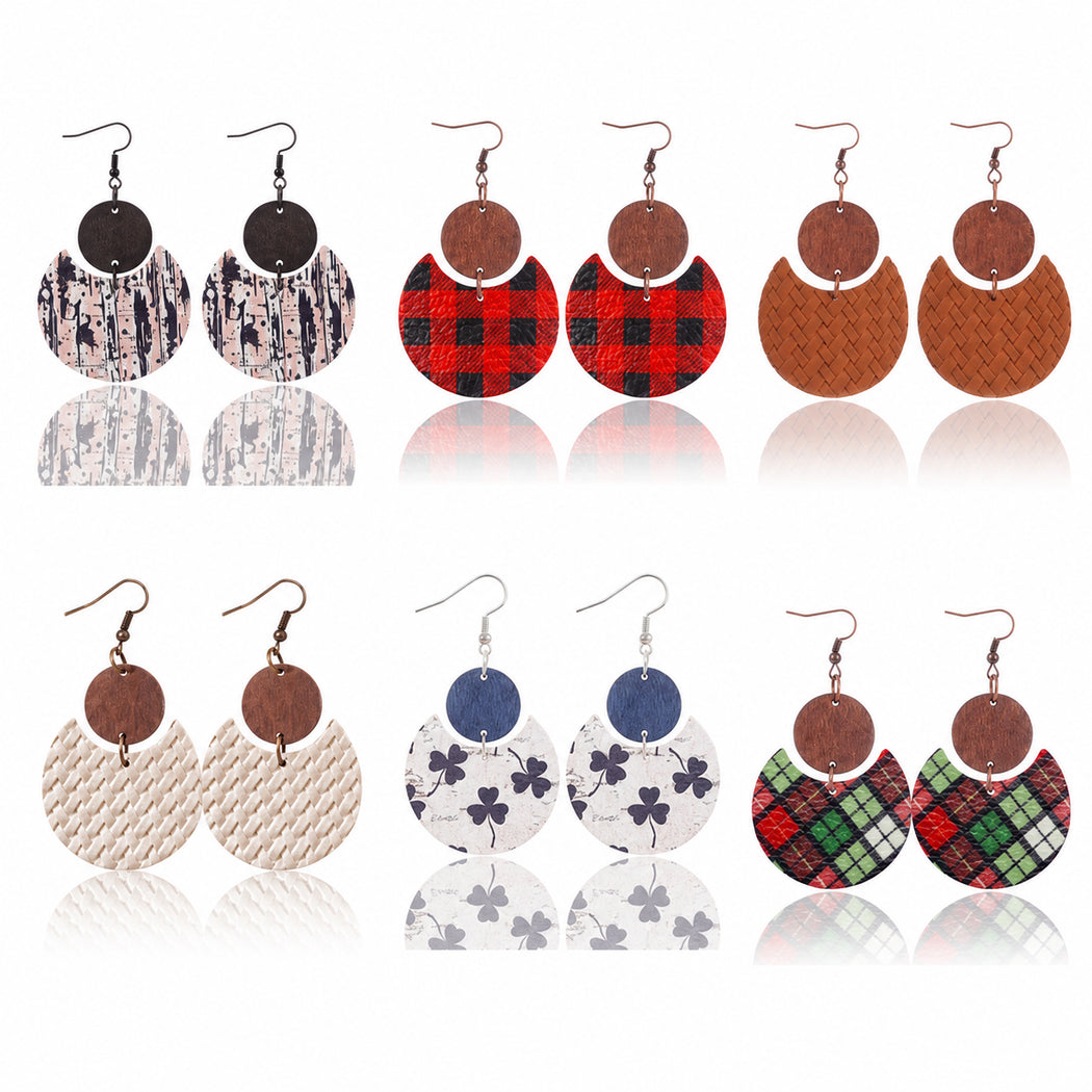 Clean overview of six crescent leather and wood earring variants