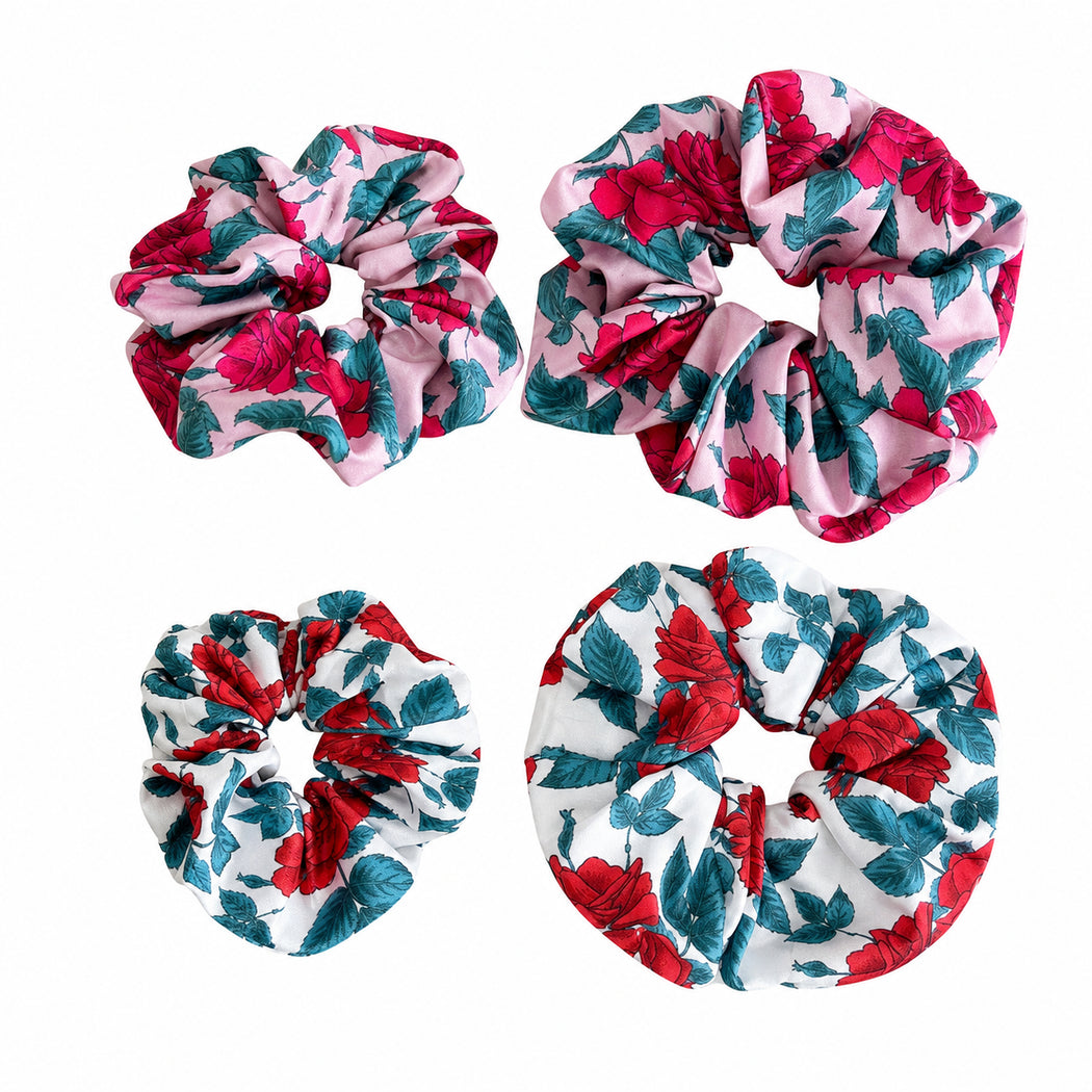 Clean overview of two rose print scrunchie set variants