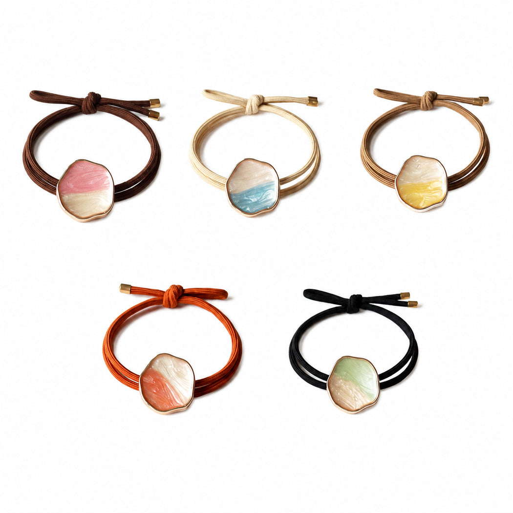 Clean overview of five glazed bead hair tie variants