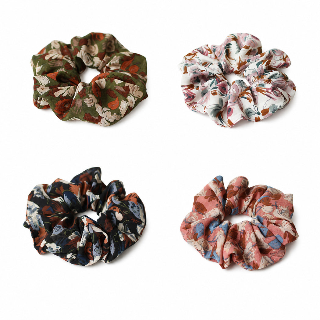 Clean overview of four floral scarf scrunchie variants