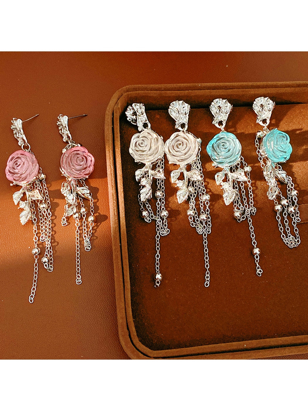 Earedge - Alloy Floral Tassel Dangle Stud Earrings