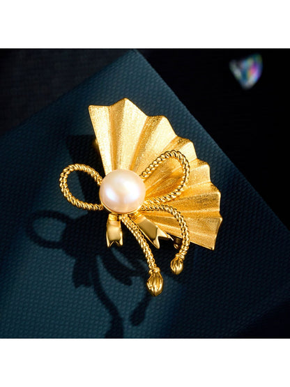 Brovia - Brushed Fan Shape Bow Accent Brooch