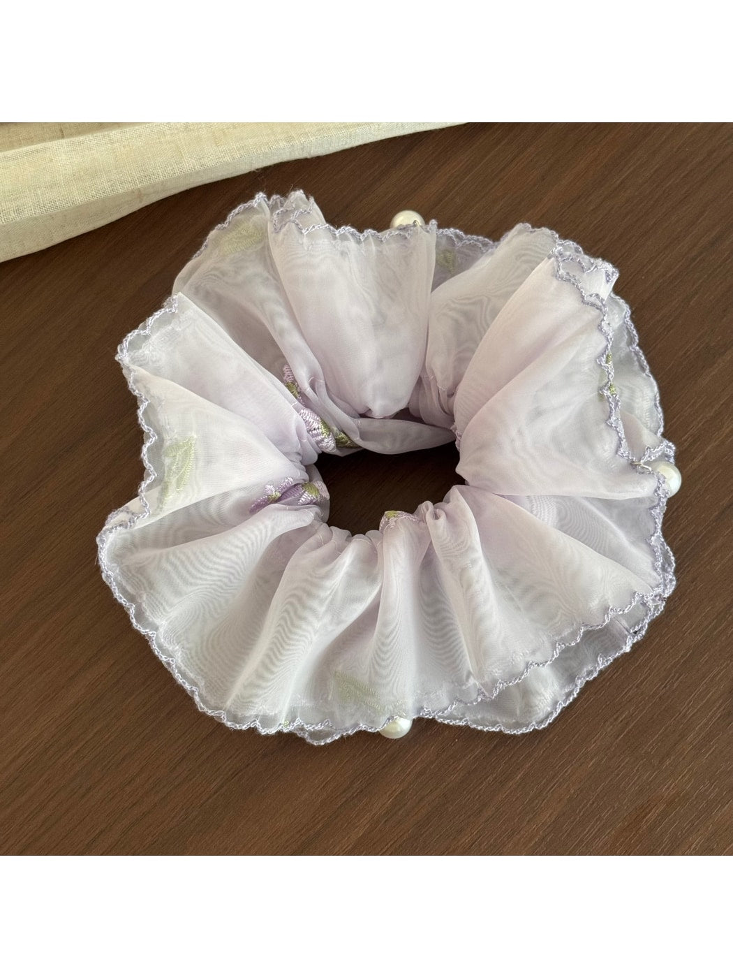 Gifty - Embroidered Sheer Ruffled Floral Scrunchie