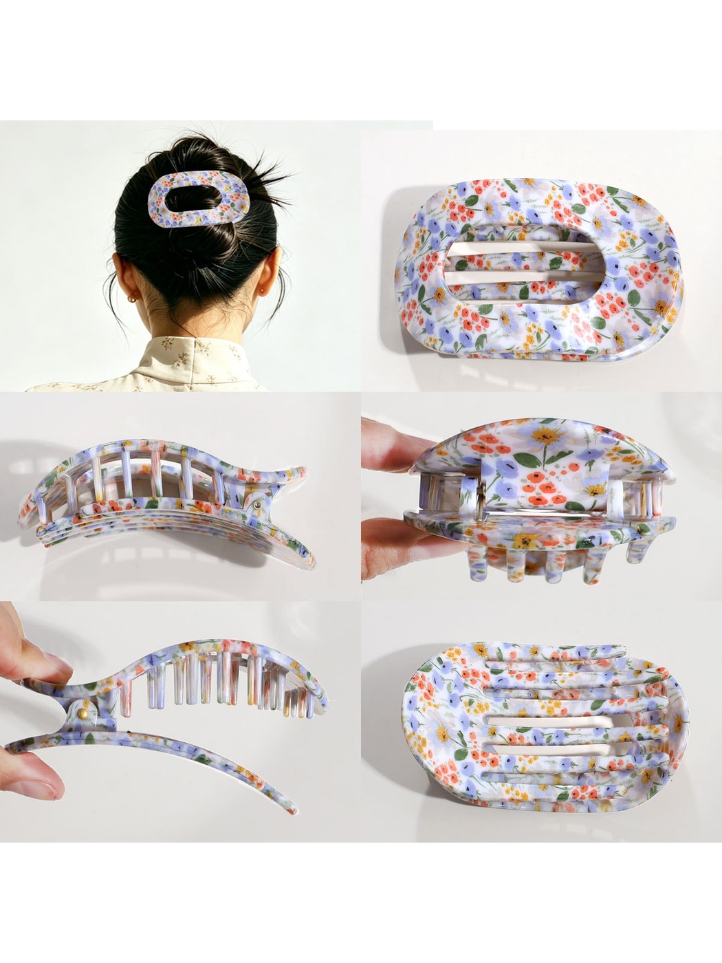 Beau - Floral Print Flat Oval Spring Claw Clip